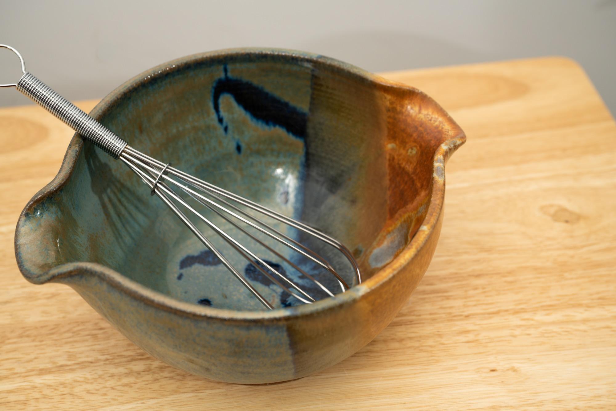 Clay Coyote Mixing Bowl with tiny wire whisk for whipping batter